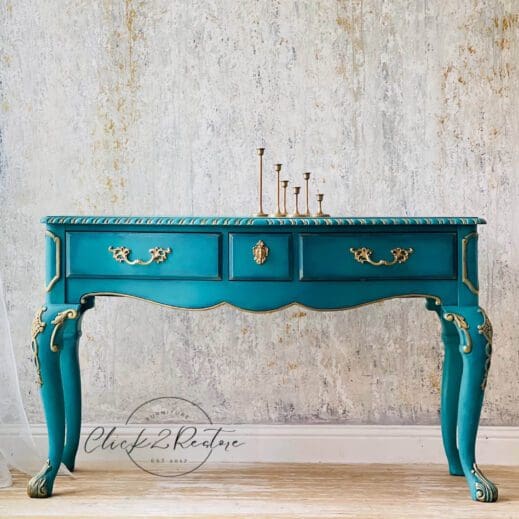 Elegant and decorative end table painted in dark turquoise jade clay furniture paint by Mudpaint