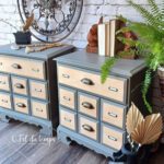staged photo of two matching office hutches painted in stone taupe clay furniture paint by MudPaint