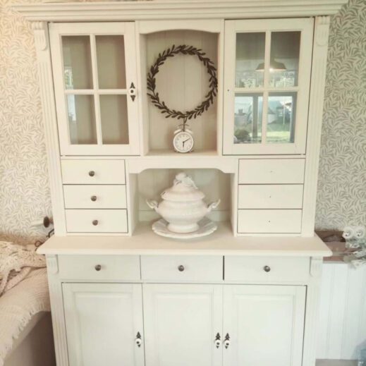 Large kitchen cabinet and hutch painted in manor white clay furniture paint by mudpaint